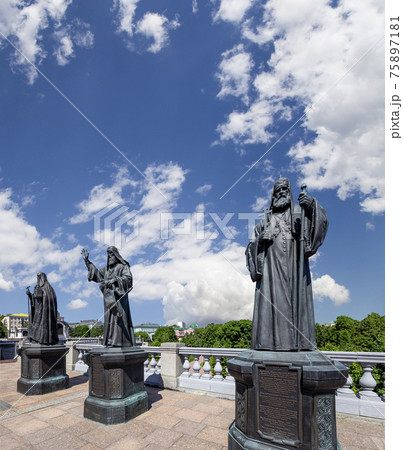 Monuments of the sculptural complex Patriarchs of Moscow and all Russia near the Cathedral of Christ the Savior. Moscow, Russia. 75897181