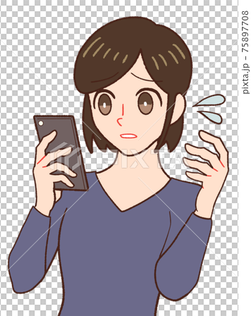 スマホをみて不安になる女性のイラストのイラスト素材