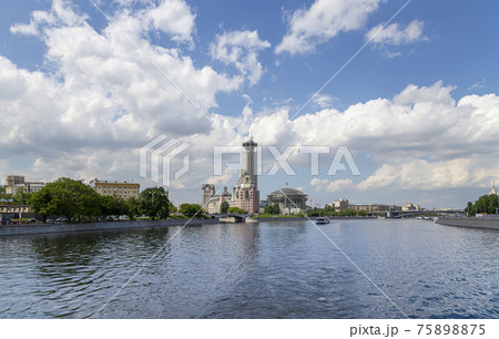 Concert hall House of Music on the banks of the Moscow river. Moscow, Russia.  Shooting from a tourist pleasure boat 75898875