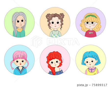 Set of cartoon cute girls avatars. Hand drawn portraits of young pretty female models. Anime comic style girls smiling portraits. Head and shoulders. Different types of haircuts and hair colors Set of cartoon cute girls avatars. Hand drawn portraits of young pretty female models. Anime comic style girls smiling portraits. Head and shoulders. Different types of haircuts and hair colors 75899317