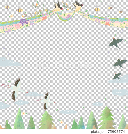 Scandinavian fashionable sky landscape and white background animal frame vector illustration of birds 75902774