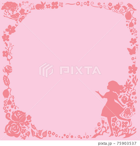 花と少女のシルエットの切り絵風のフレームイラスト 正方形のイラスト素材