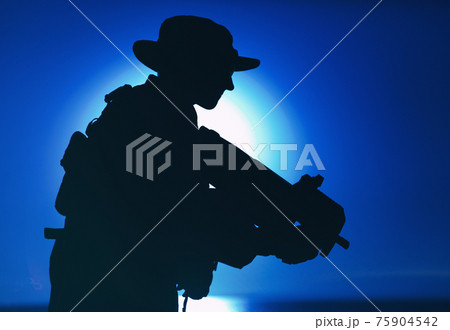 Army soldier shooting with bullpup submachine gun 75904542