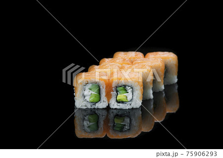Sushi rolls with salmon, tuna, cucumber and green onions on black background 75906293