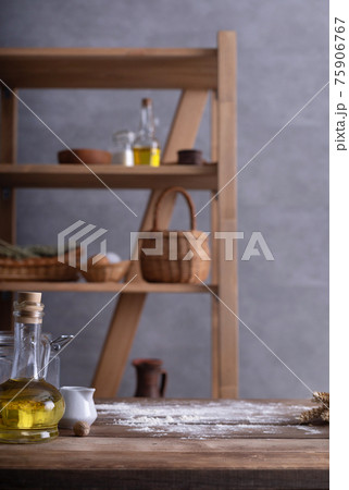 Bakery ingredients for homemade bread cooking or baking on table. Food set at wooden tabletop 75906767