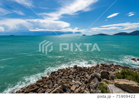 Beautiful Seascape in the Gulf of La Spezia with Storm Clouds on Horizon - Liguria Italy Beautiful Seascape in the Gulf of La Spezia with Storm Clouds on Horizon - Liguria Italy 75909422