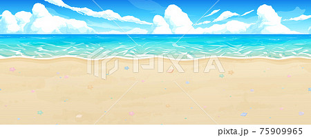砂浜と海の風景イラスト 貝殻 横スクロールゲームの背景 シームレスのイラスト素材