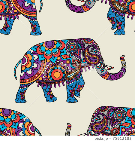 Doodle Indian Elephant Seamless Pattern Stock Illustration