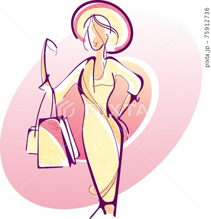 An elegant woman in a hat walks through the shops. 75912736