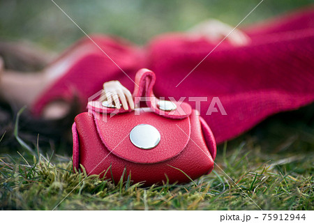 Closeup of mini red leather hand bag in hands of mannequin doll lying in the grass in a public garden 75912944