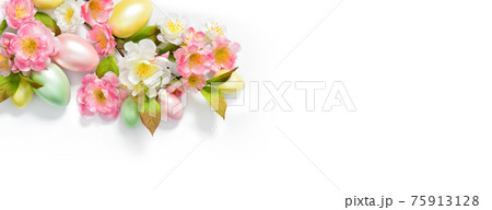 Easter spring banner eggs flowers decoration white background Easter spring banner eggs flowers decoration white background 75913128