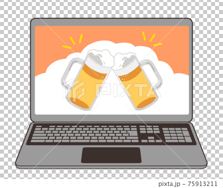 オンライン飲み会 ノートpc ビール ジョッキのイラスト素材