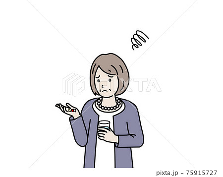 錠剤　サプリ　薬が飲めない　年配の女性　シニア　高齢者　困る　不安　悩む　イラスト素材 75915727