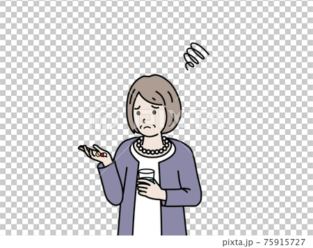 錠剤　サプリ　薬が飲めない　年配の女性　シニア　高齢者　困る　不安　悩む　イラスト素材 75915727