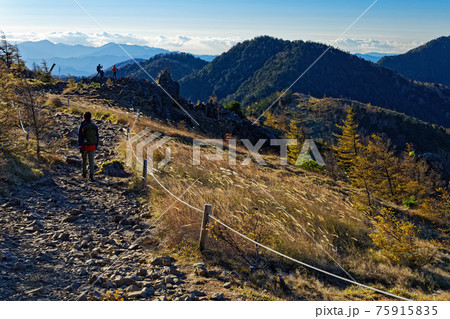 晩秋の大菩薩嶺稜線を行く登山者 75915835