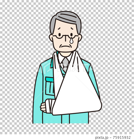 腕を骨折している 作業服を着たシニア男性のイラスト素材