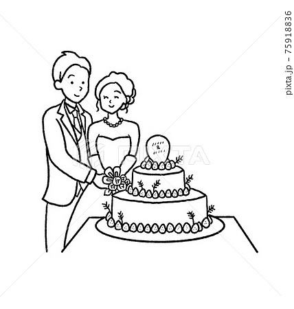 ケーキ入刀の線画イラスト 結婚式のイラスト素材
