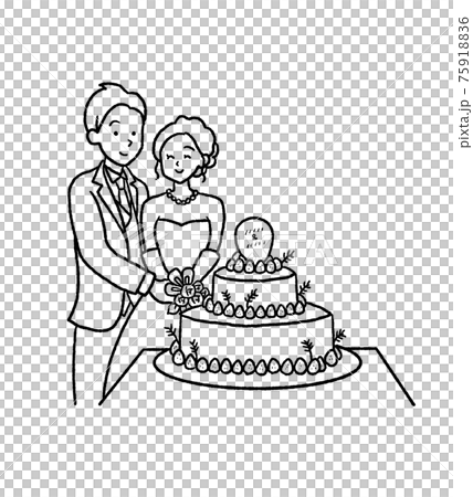 ケーキ入刀の線画イラスト 結婚式のイラスト素材