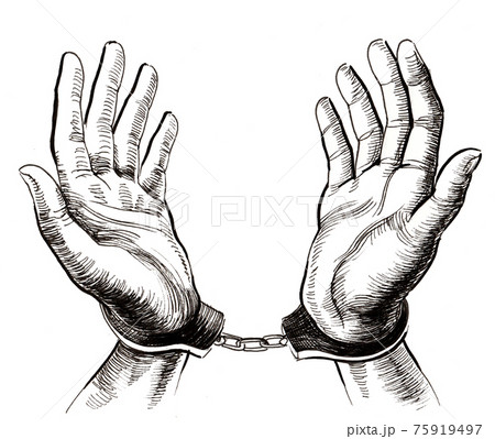 Hands in handcuffs. Ink black and white drawing Hands in handcuffs. Ink black and white drawing 75919497