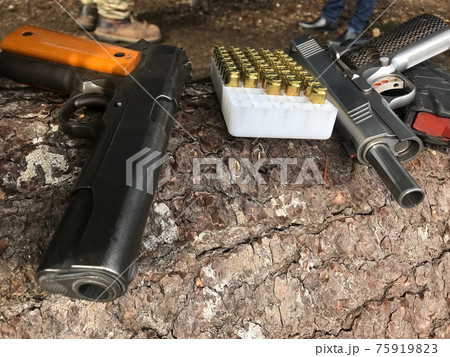 銃社会アメリカ/旧式の黒い軍用拳銃と新しい自動拳銃 銃社会アメリカ/旧式の黒い軍用拳銃と新しい自動拳銃 75919823