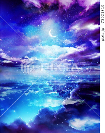 輝く月と流れる紫色の雲と流れ星の美しい夜空の風景画のイラスト素材