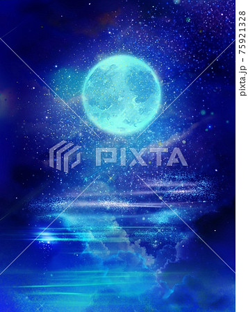 輝く月と流れる紫色の雲と流れ星の美しい夜空の風景画のイラスト素材