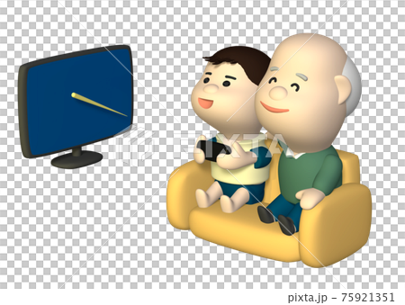 孫とテレビゲームをするおじいちゃんのイラスト素材