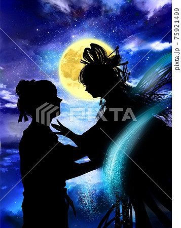 夜空に輝く天の川と流れる雲と再会する織姫と彦星のシルエット 75921499