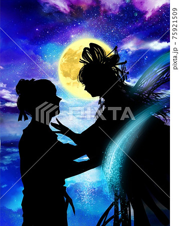 夜空に輝く天の川と流れる雲と再会する織姫と彦星のシルエットのイラスト素材 夜空に輝く天の川と流れる雲と再会する織姫と彦星のシルエットのイラスト素材