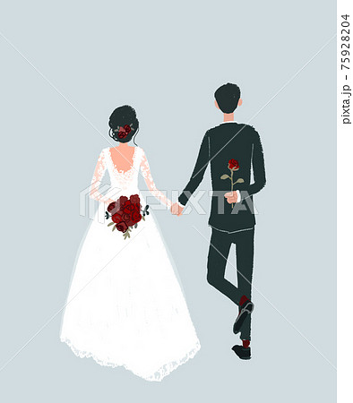 手をつないだ新郎新婦の後ろ姿 ウエディング 結婚式 バラ ブーケのイラスト素材 7594