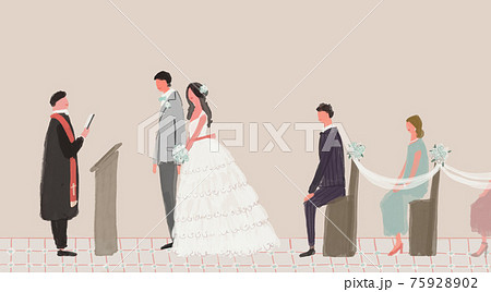 結婚式 参列するゲスト 神父 司祭 新郎新婦 ウエディング 誓いの言葉 人物 のイラスト素材 7592