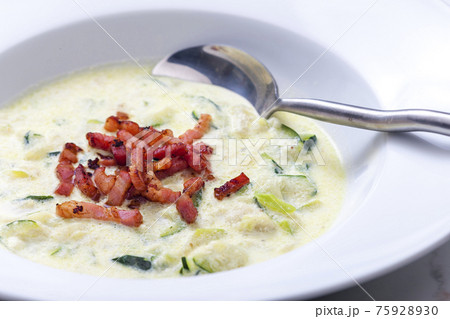 zucchini soup with fried bacon zucchini soup with fried bacon 75928930
