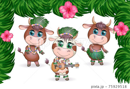 Tropical new year 2021, celebration. Group of cows and bulls as hula dancers with acoustic ukulele guitars, Hawaii 75929518