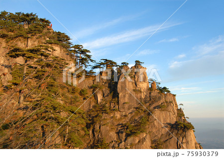 Huangshan Mountain in Anhui Province, China. View at sunrise near Stone Monkey Watching the Sea viewpoint with rocky cliffs and pine trees. Scenic view of peaks and trees on Huangshan Mountain, China. 75930379