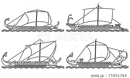 Set of simple vector images of ancient warship drawn in art line style. Set of simple vector images of ancient warship drawn in art line style. 75931764