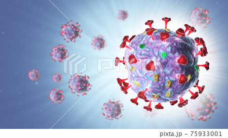 3d render of pathogenic virus organism or bacteria infecting and causing disease. Close up from microscope of coronavirus. 75933001