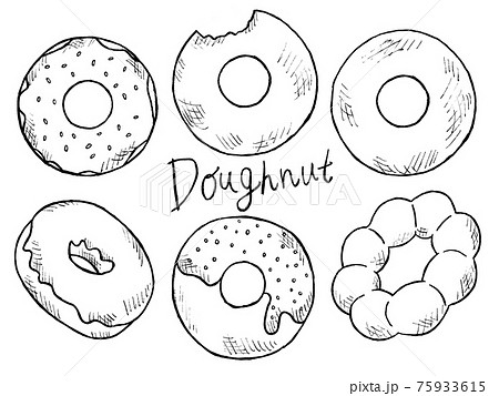 ドーナツや焼き菓子の白黒手書きイラストイメージのイラスト素材