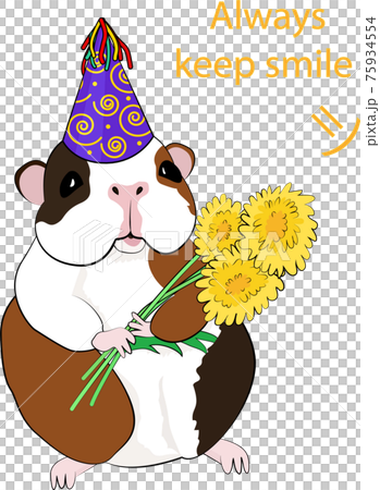Cartoon  guiniea pig violet in party cap with dandelions isolated on white 75934554