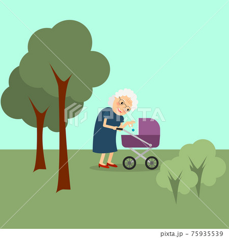 Grandmother with baby stroller Grandmother with baby stroller 75935539