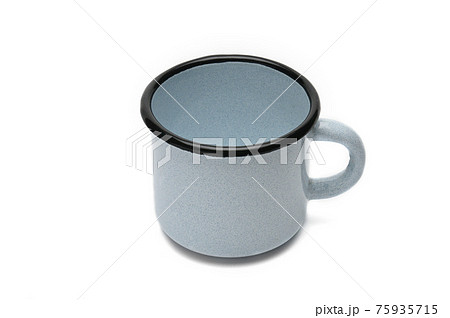 Old iron cup on a white background.Blue mug with black border 75935715