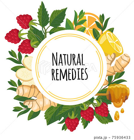 Natural remedies frame with healthy ingredients - ginger, mint, lemon, raspberry. Natural remedies frame with healthy ingredients - ginger, mint, lemon, raspberry. 75936433