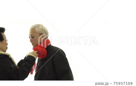 Asian senior elder couple take care of each other wearing winter cloth for health 75937109