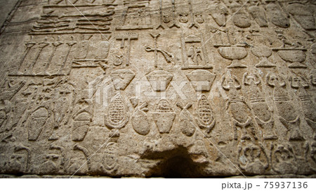 Hieroglyphic in Edfu HOrus temple showing abundance of food resources corn grape culture of Egypt meal kitchen pots and jars 75937136
