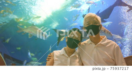 Underwater tunnel aquarium with Asian senior elder couple wear mask dating have fun happy together 75937217