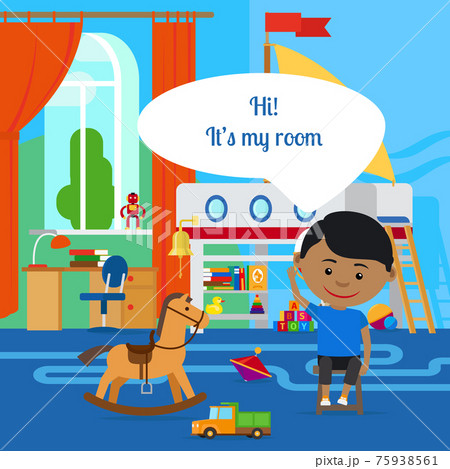 Boy with message bubble and room 75938561