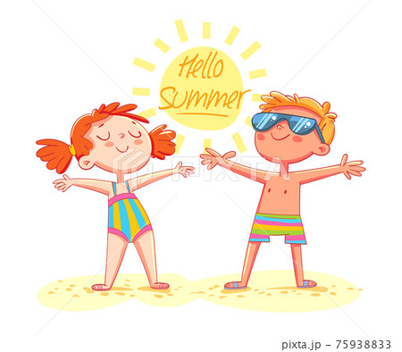 Hello Summer. Boy and girl sunbathe on the beach standing Hello Summer. Boy and girl sunbathe on the beach standing 75938833