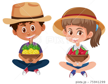 Children cartoon character holding fruit or vegetable isolated on white background 75941299