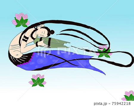 空の中に舞う天女とハスの花 75942218