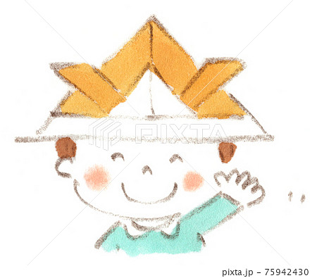 こどもの日、折り紙の兜を被って笑顔で手を振る男の子の水彩イラスト 75942430