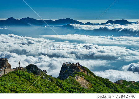 晴天の北アルプス唐松岳から、雲海と新潟の日本百名山(妙高山、高妻山、火打山、雨飾山)を撮影 75942746